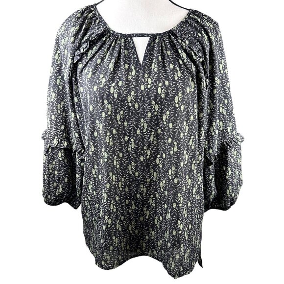 Beacon Apparel Tops - Beacon Apparel Womens Boho Floral Blouse Black Green 3/4 Balloon Sleeve Top M